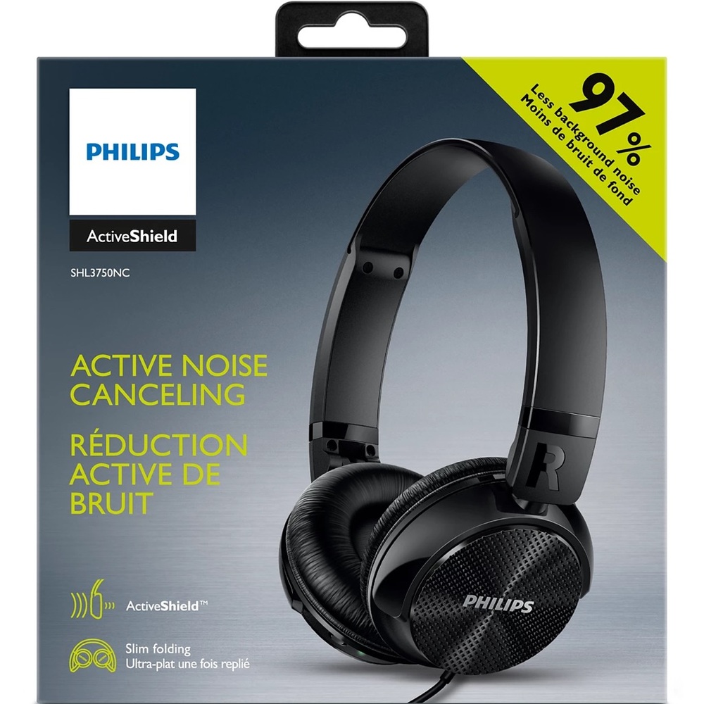 Phillips Active Noise Cancelling Headphones Slim Fold Wired Black New